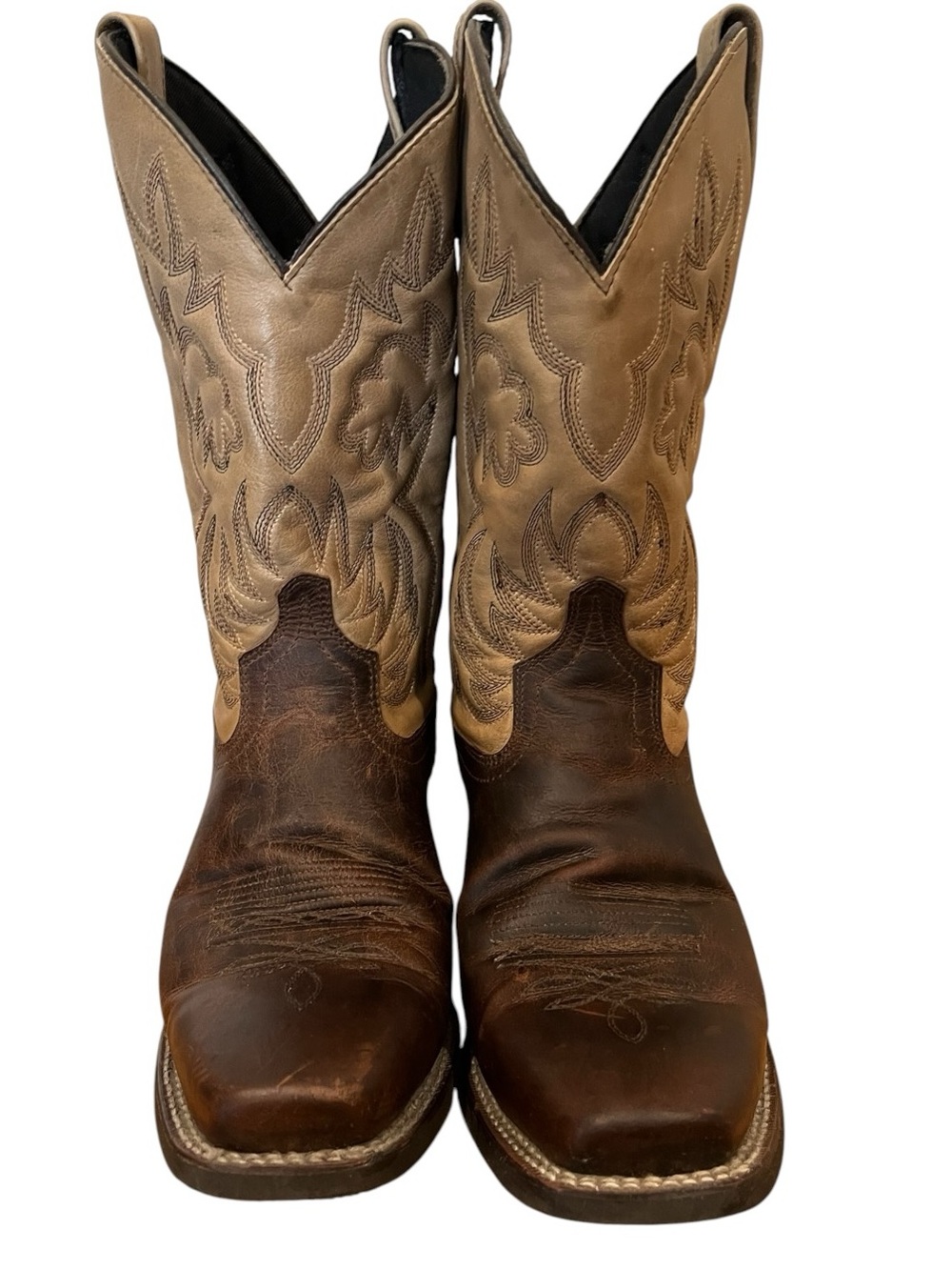 Larado Men's Brown Two-Tone Leather Western Boots  Whipstitch detail size 11D